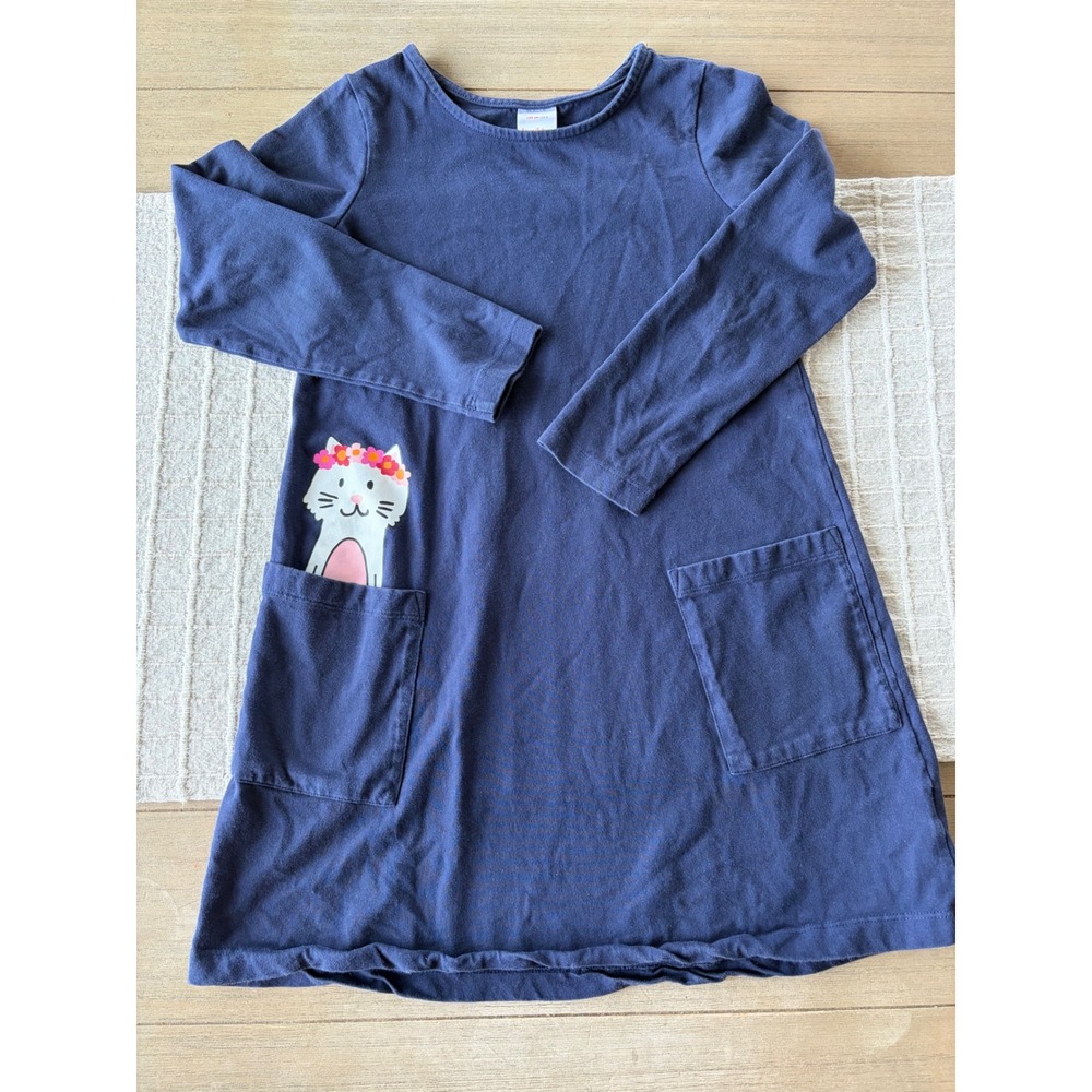 Hanna Andersson Pocket Art Dress in navy blue cotton jersey Hippy kitty sz 8